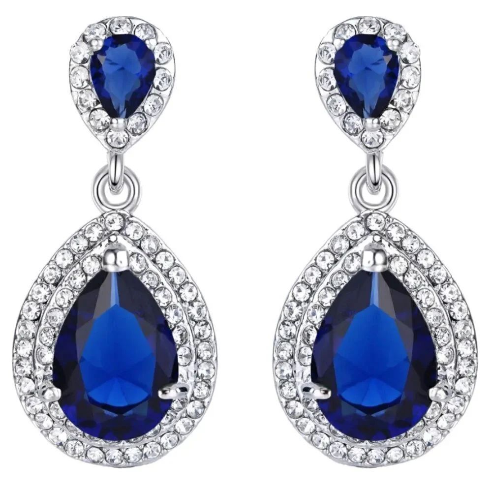 Silver with Sapphire Blue and Diamond CZ Double Teardrop Dangling Post Earrings